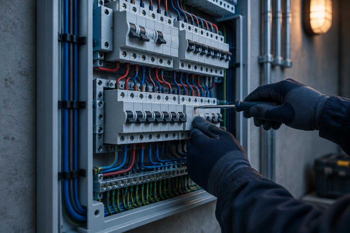 Neatly wired electrical distribution board with labelled breakers