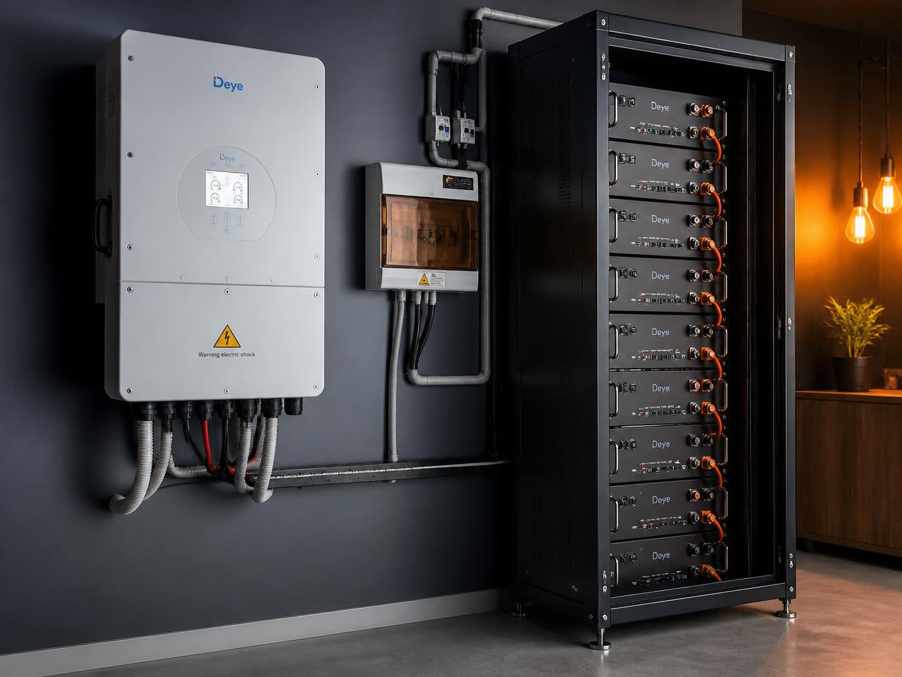 Deye hybrid inverter with rack-mounted Volta lithium batteries