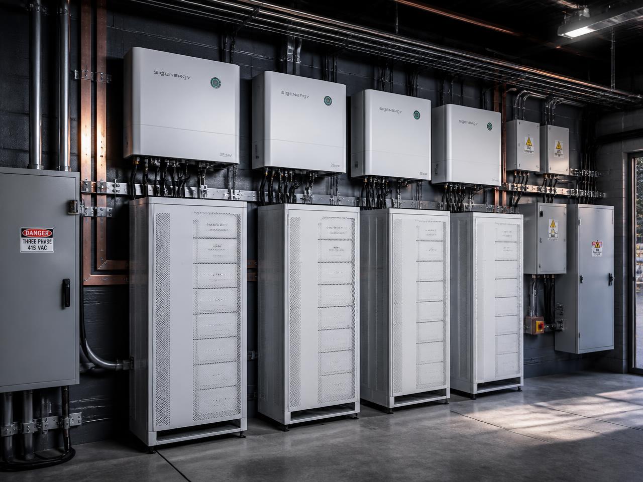 Commercial Sigenergy three-phase inverter system with floor-standing battery cabinets in an industrial plant room