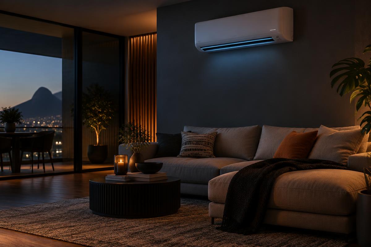 Wall-mounted air-conditioning unit in a living room at dusk