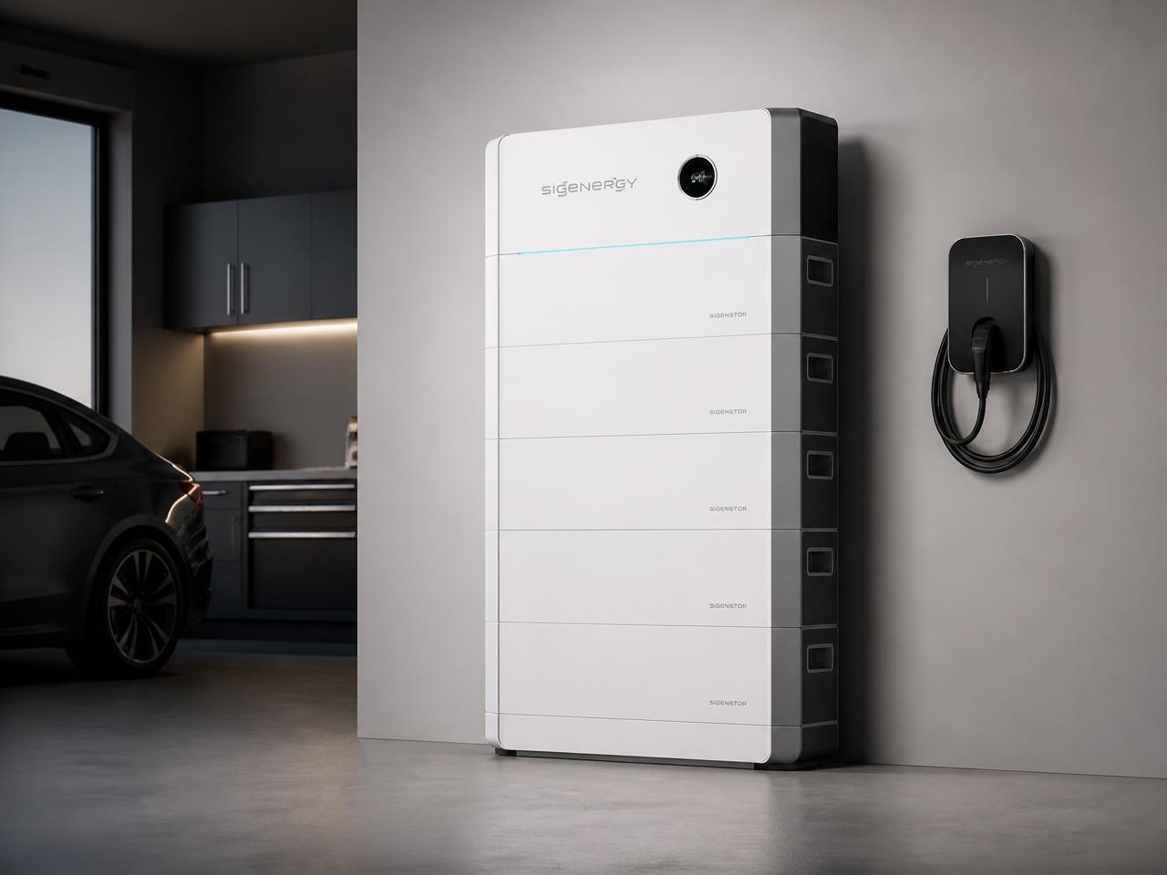 Sigenergy SigenStor all-in-one inverter, battery tower and DC EV charger installed in a modern garage