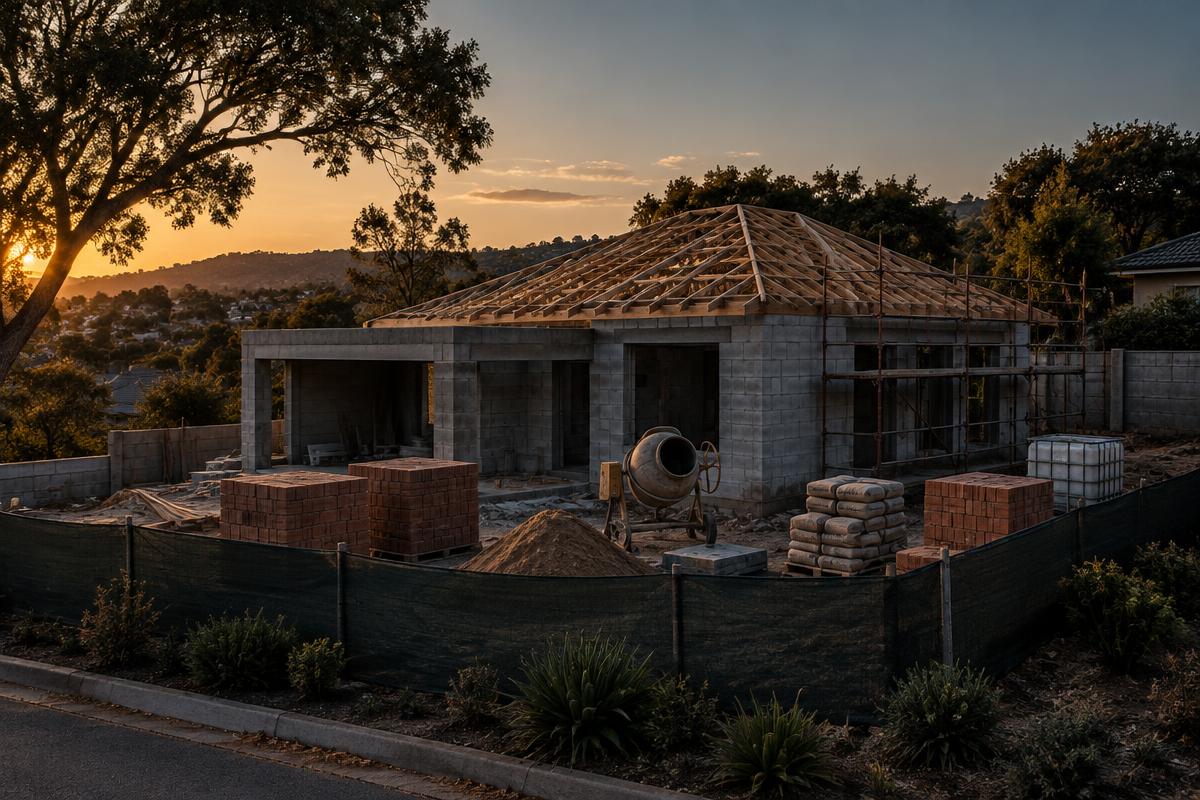 House under construction with roof trusses and materials on site